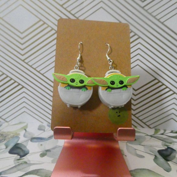 Handmade Jewelry - Baby Yoda bag fish hook earrings.